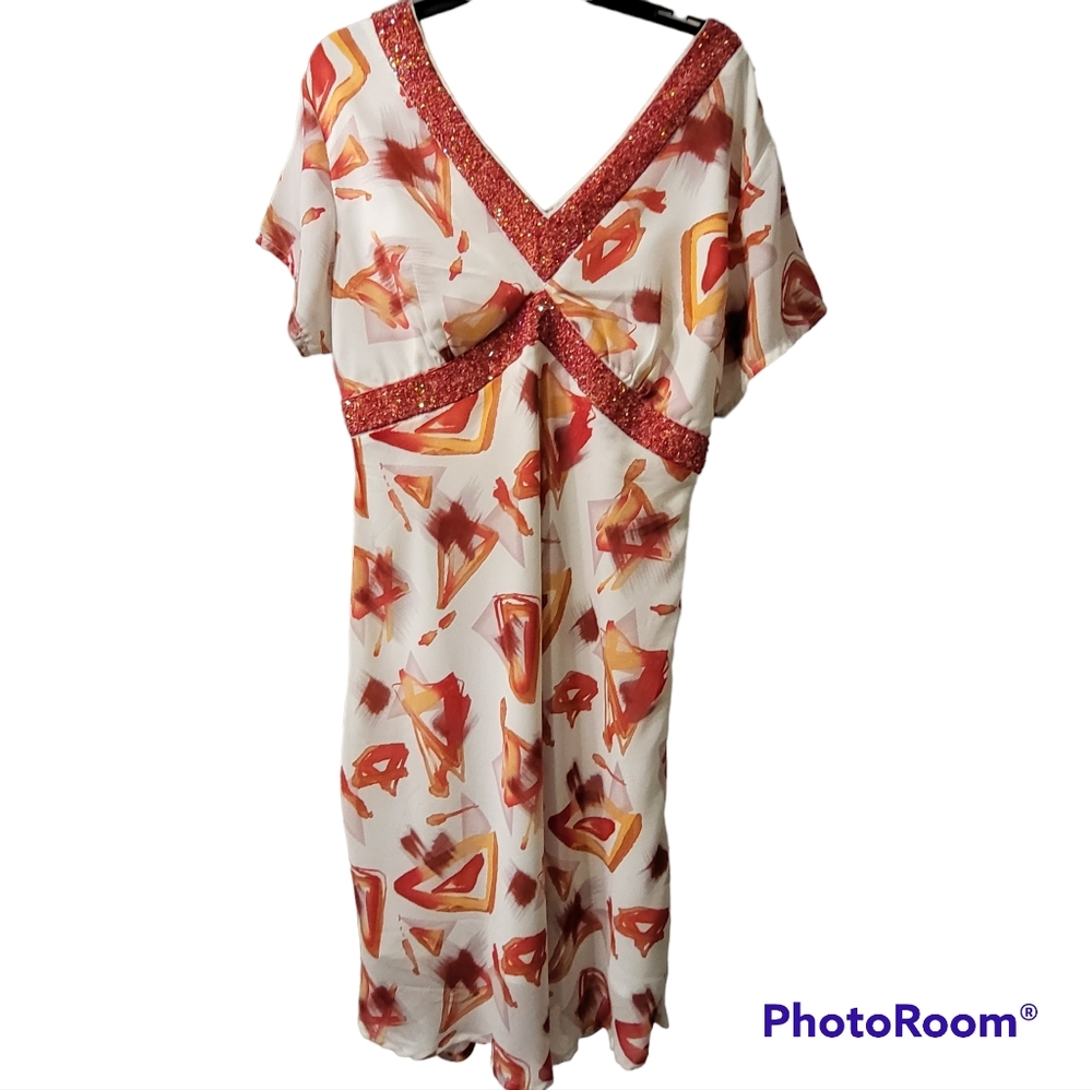Freestyle Women's Size 2X Beaded V Neck Dress Beachy Modern A Line Flowing